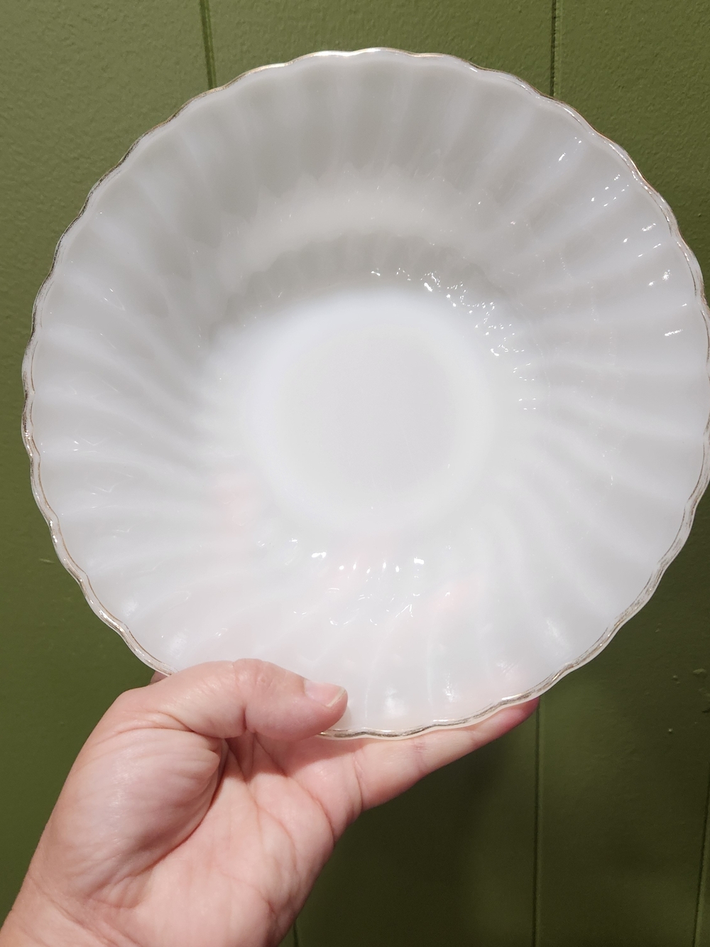 Vintage Fire King White Scalloped Edge Serving Bowl with Gold Trim